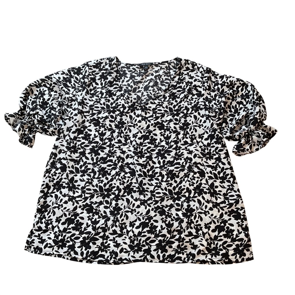 Well Worn Womens Black White Floral V-Neck‎ Puff Sleeve Blouse Large